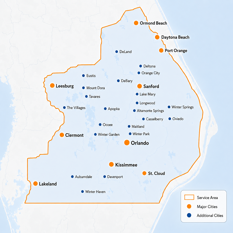 Square Central Florida service area map with highlighted boundary, orange dots for major cities, blue dots for additional cities, light blue fill inside the service area.