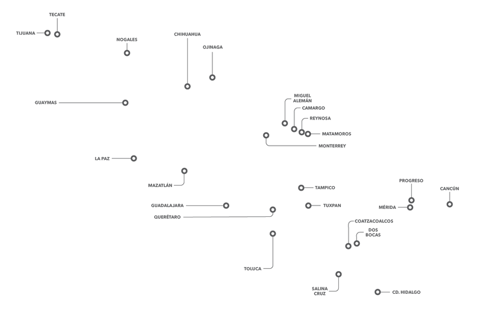 Mapa vectorial de la cobertura de servicios multiaduana de IEES, patentes en corresponsalía