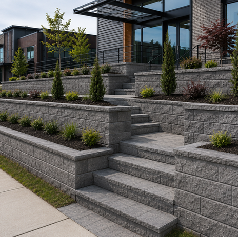 Retaining wall with integrated landscape steps
