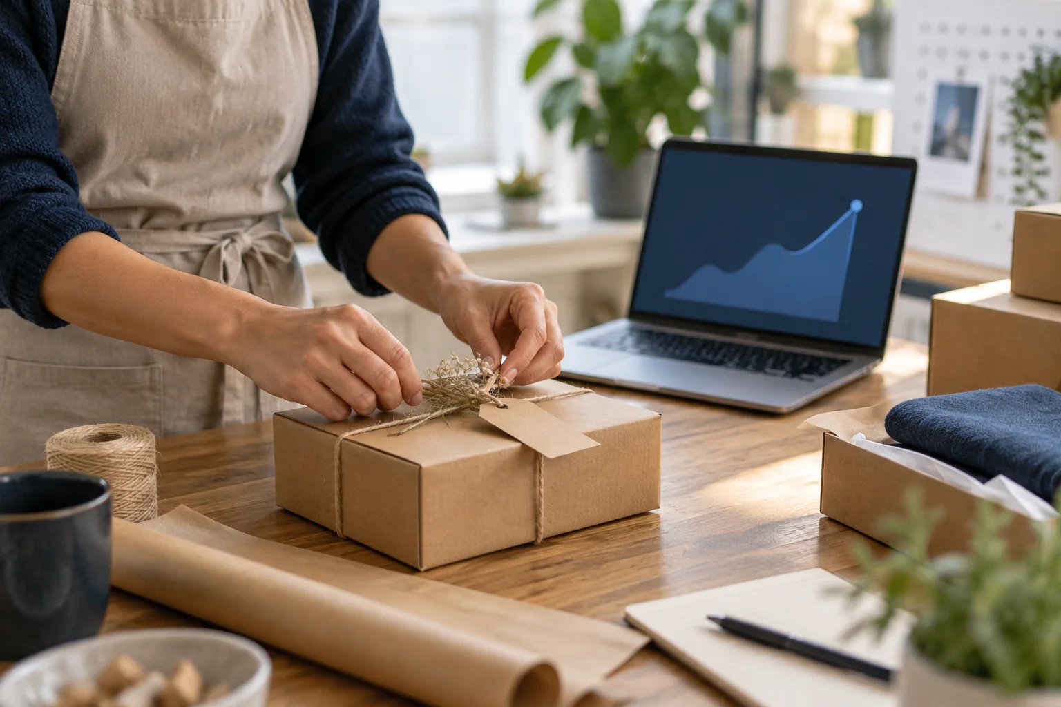 A small business owner packing an order beside a text-free analytics screen