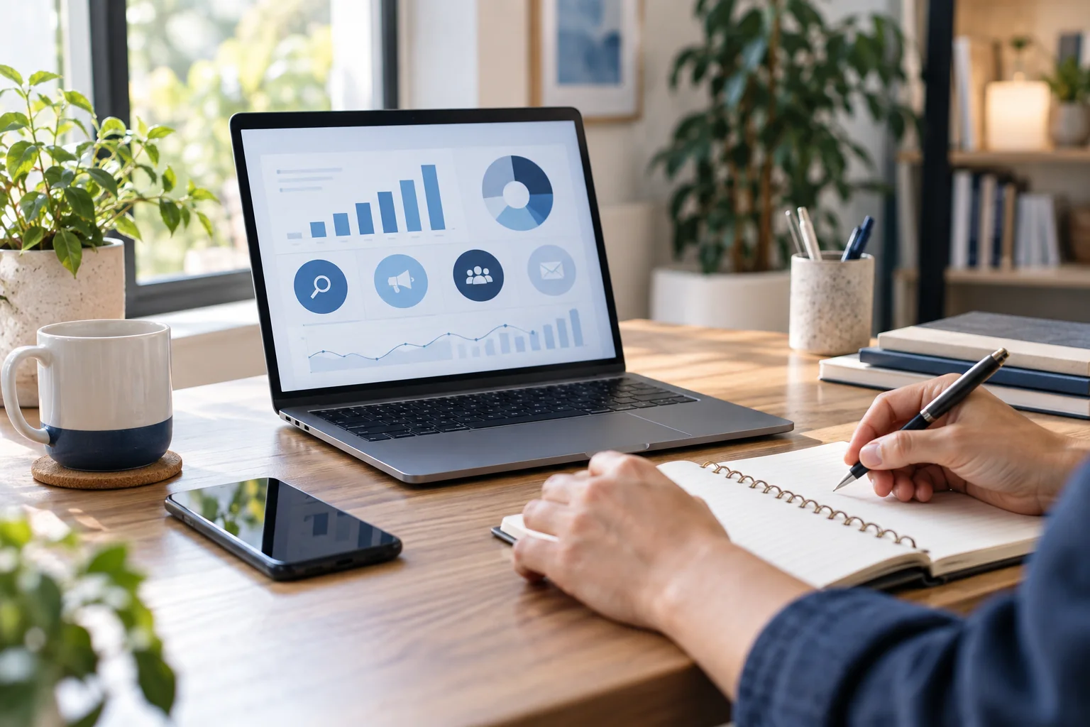 A small business owner reviewing an abstract digital marketing dashboard while planning work