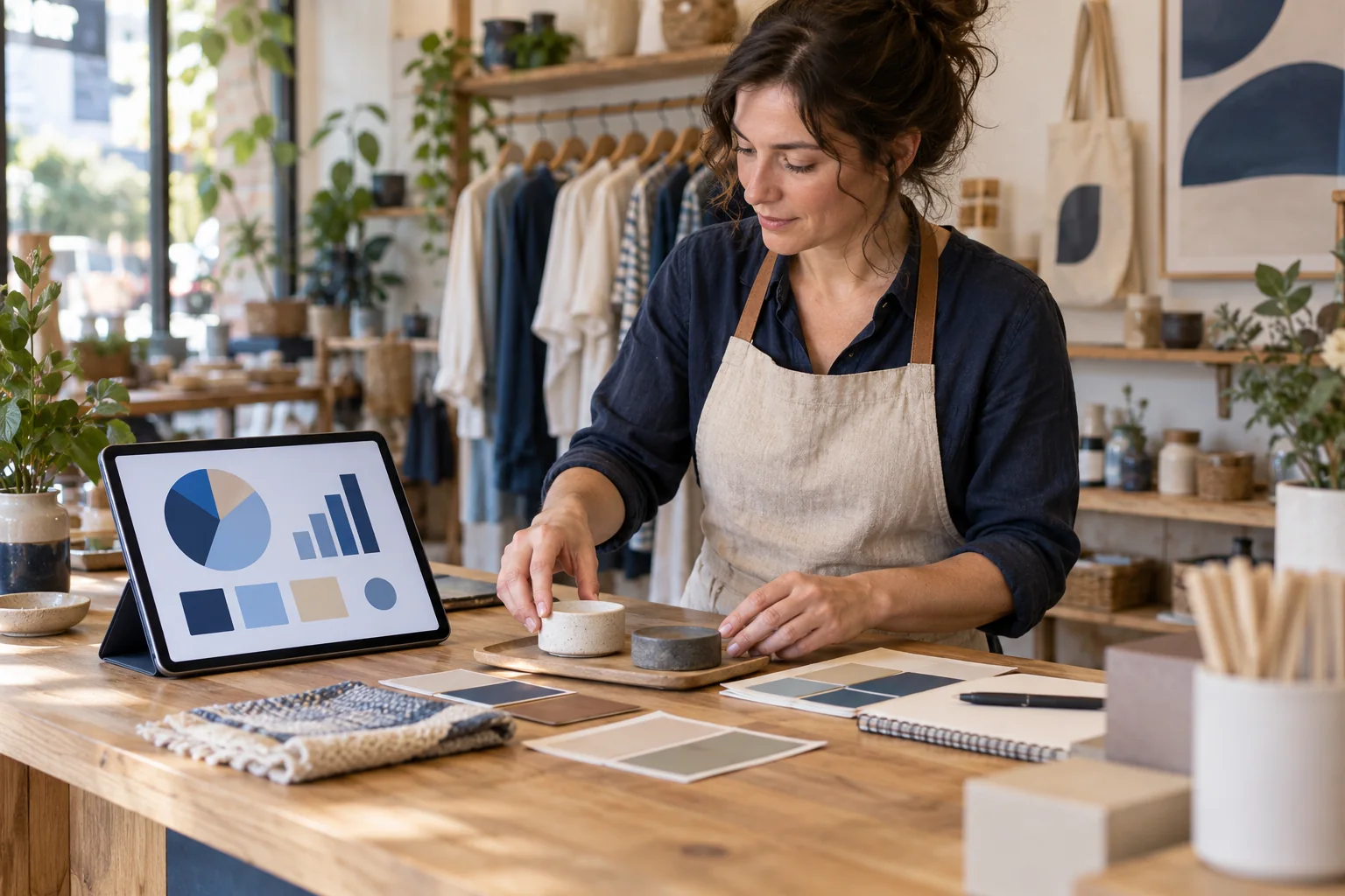 A small business owner planning with an abstract advertising dashboard