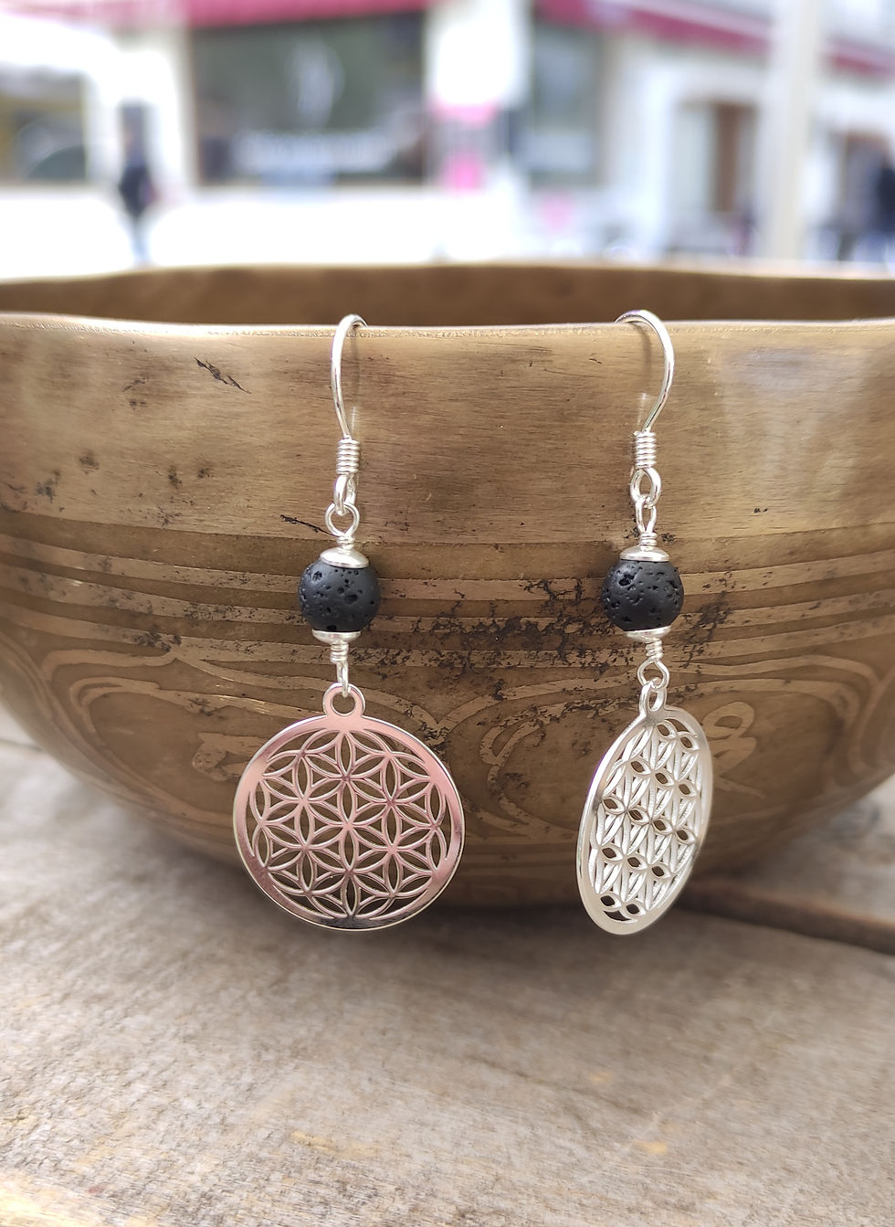 Thumbnail: BOUCLE D'OREILLE FLEUR DE VIE ARGENT - Aventurine - Pierre naturelle - Géométrie