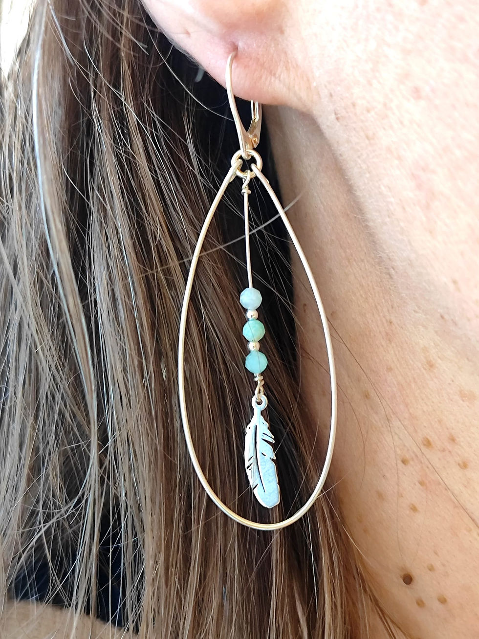 Miniature : BOUCLE D'OREILLE GOUTTE PLUME - Fil d'argent - Amazonite - Longue - Fait main
