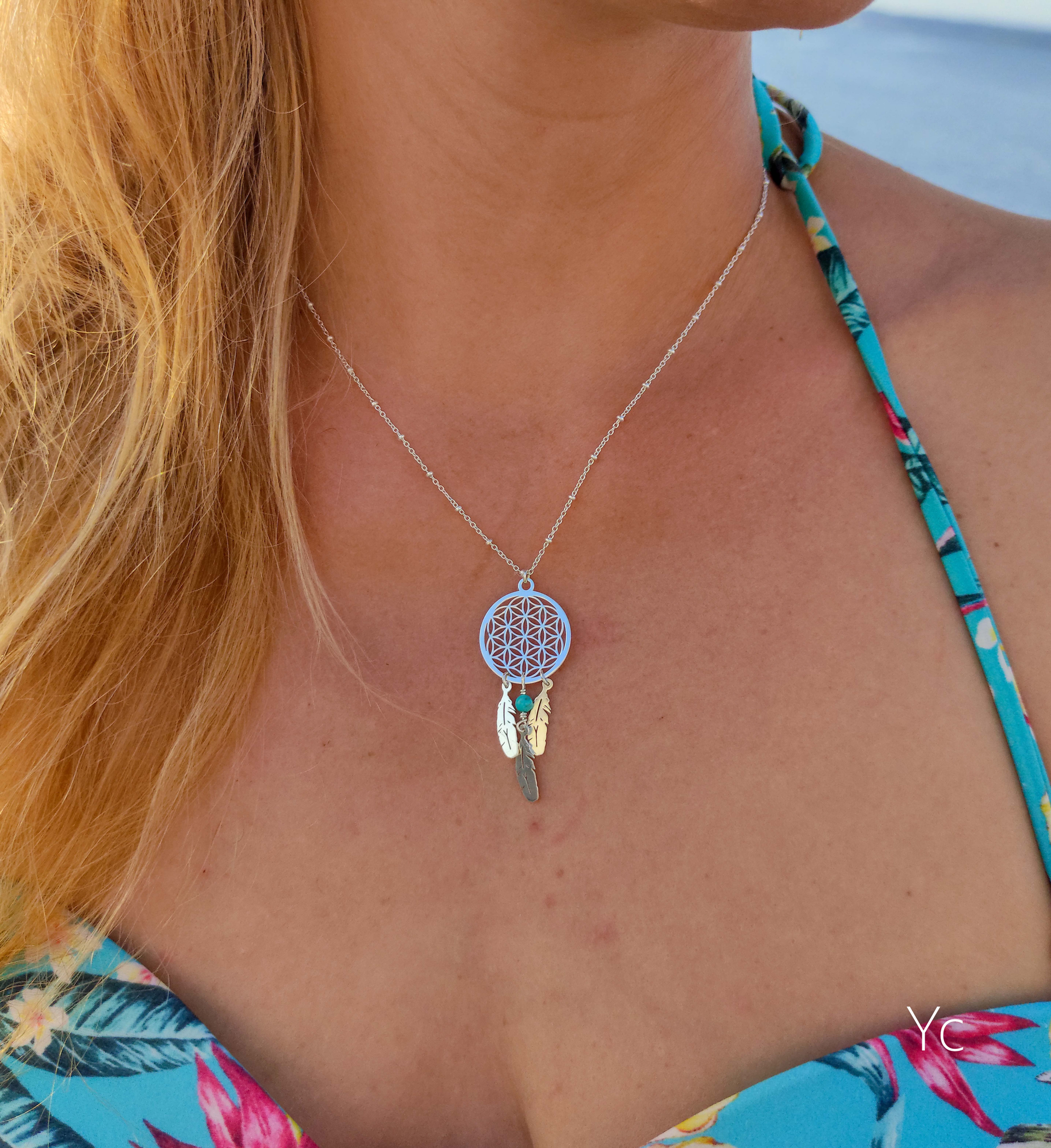 Collier attrape rêve fleur de vie en argent et turquoise véritable, fait main