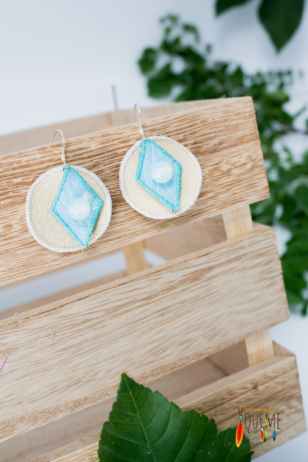 Miniature : BOUCLE D'OREILLE CUIR, ARGENT, Pierre naturelle, Fait main, Losange, Ronde,Yc