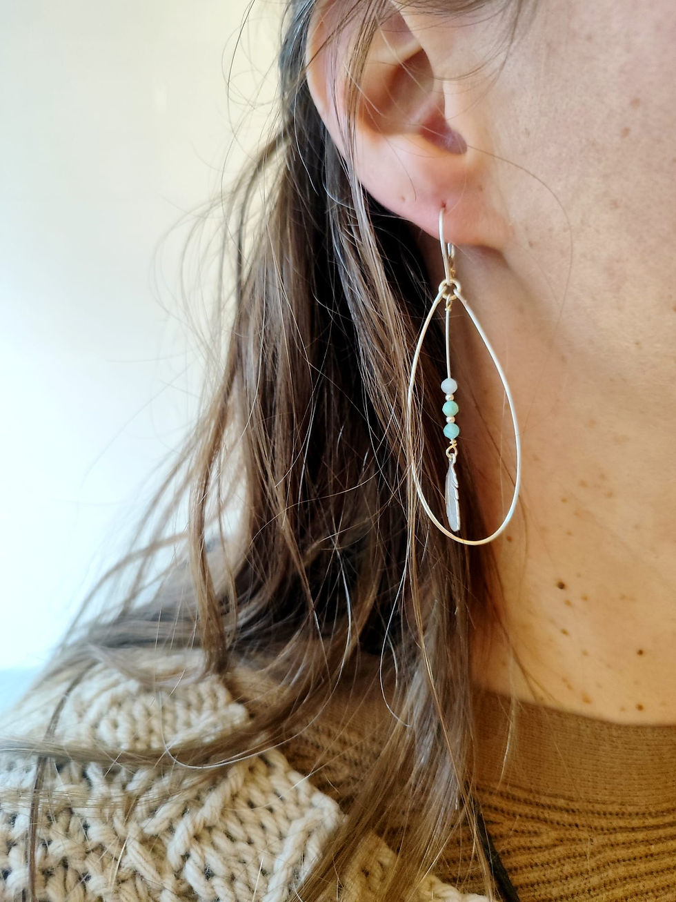 Miniature : BOUCLE D'OREILLE GOUTTE PLUME - Fil d'argent - Amazonite - Longue - Fait main