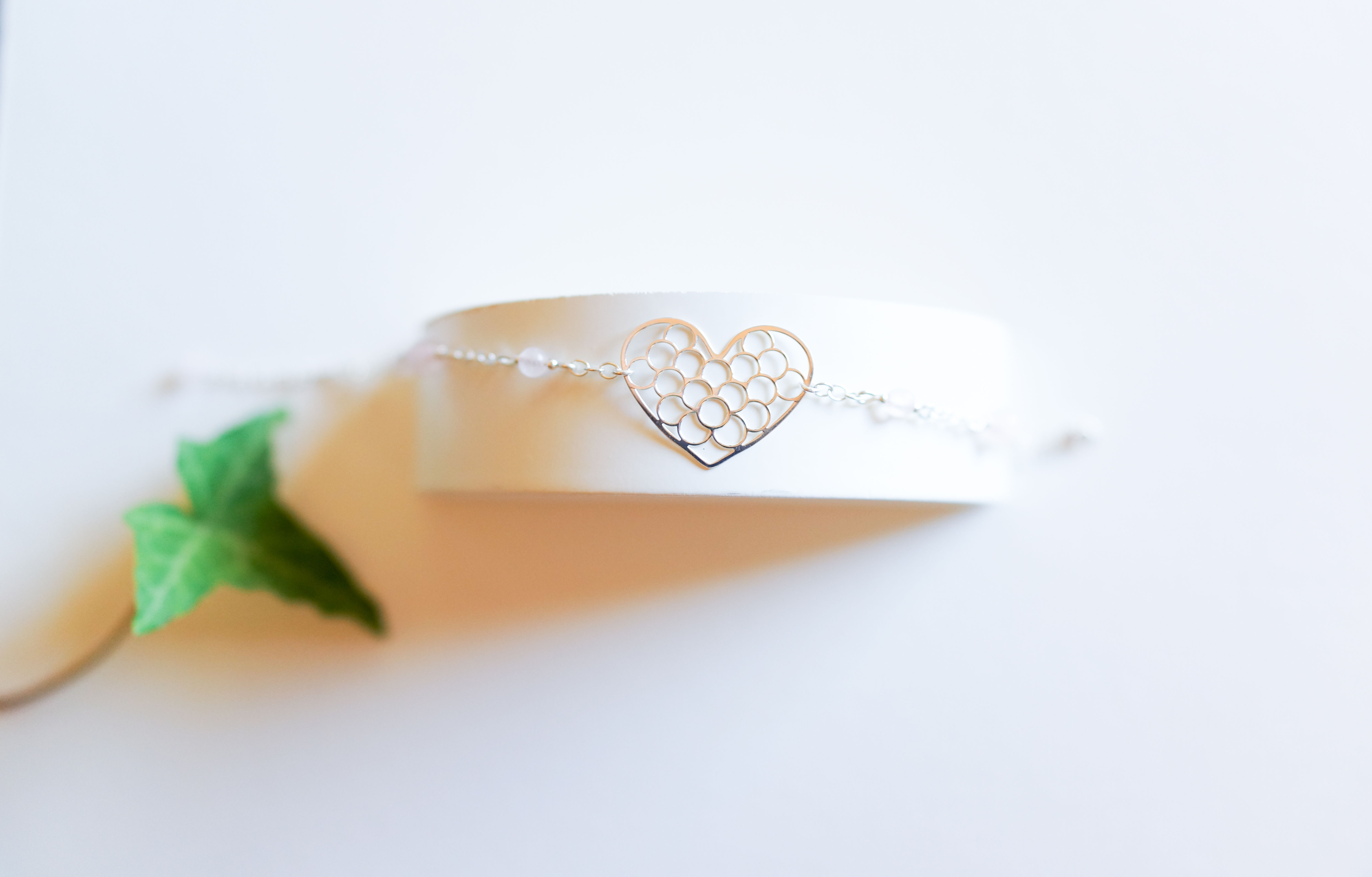 BRACELET COEUR ARGENT QUARTZ ROSE, Amour, Pierre naturelle, Madagascar, Cadeau