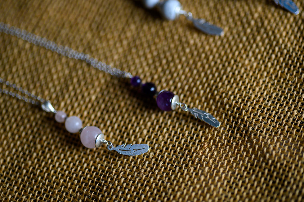 Thumbnail: Pink Quartz Feather Necklace on Silver