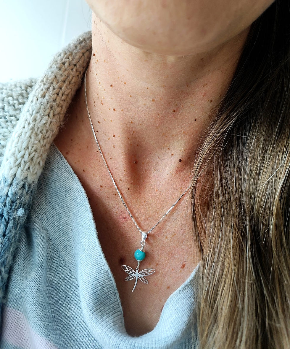 Collier libellule argent et pierre naturelle amazonite fait main