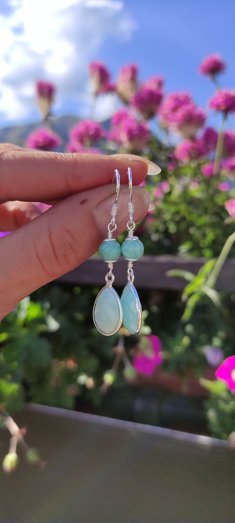 Thumbnail: BOUCLE D'OREILLE AMAZONITE GOUTTE - Argent - Pierre naturelle - Fait main -Pérou