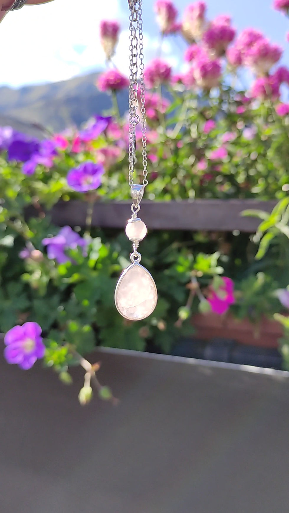 Thumbnail: COLLIER quartz rose GOUTTE - Argent - Pierre naturelle - Facette