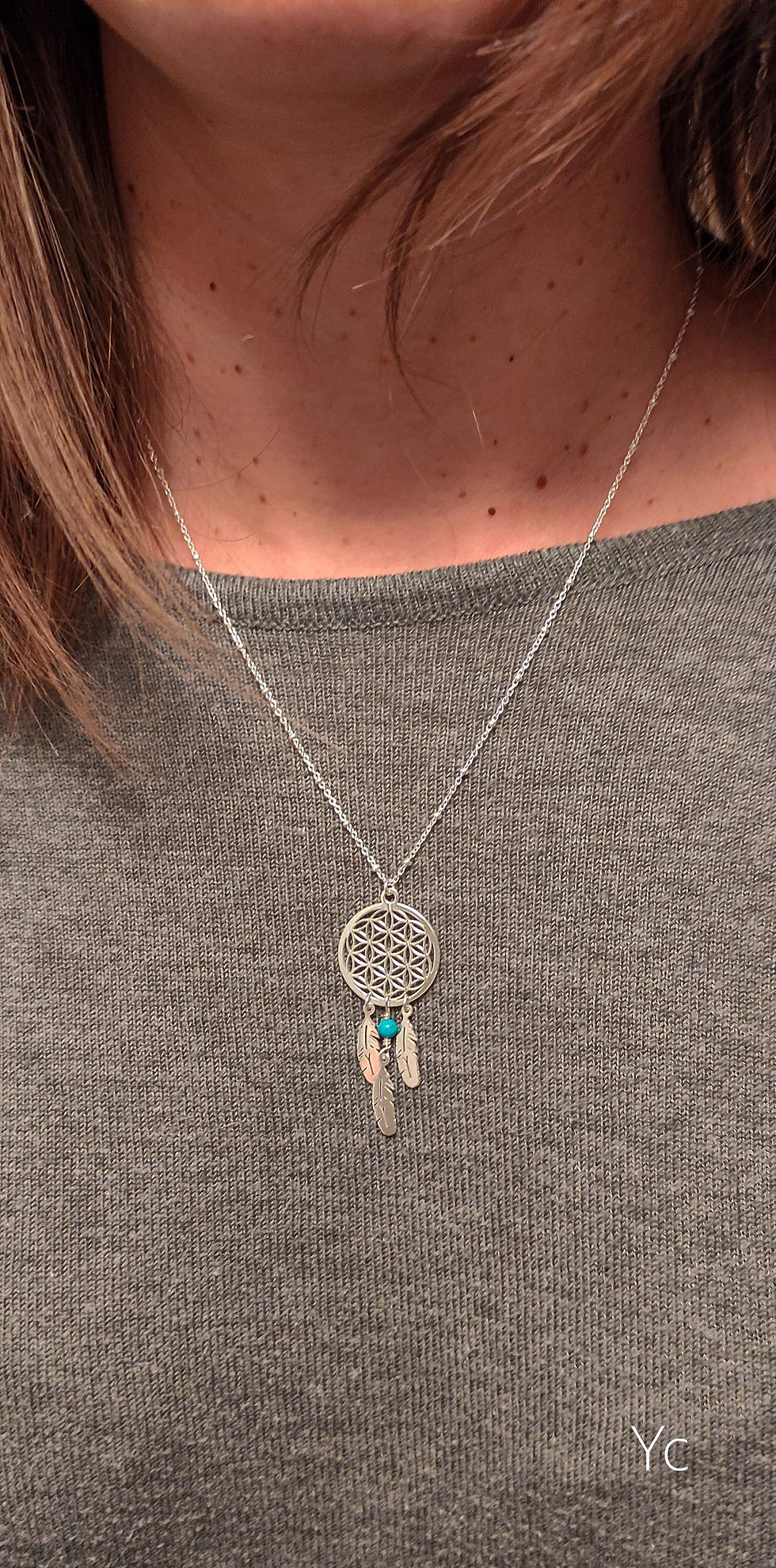 Thumbnail: Collier attrape rêve fleur de vie en argent et turquoise véritable, fait main
