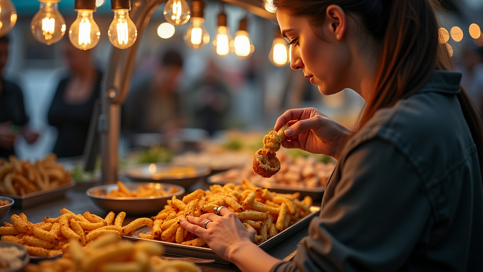 High angle view of a food show host tasting street food
