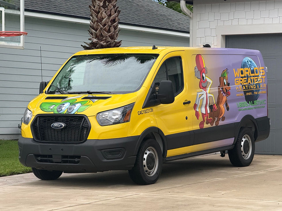 World's Greatest Heating & Air gold-to-purple ombré HVAC van supporting childhood cancer awareness, with a portion of service revenue helping local children battling cancer in Northeast Florida.