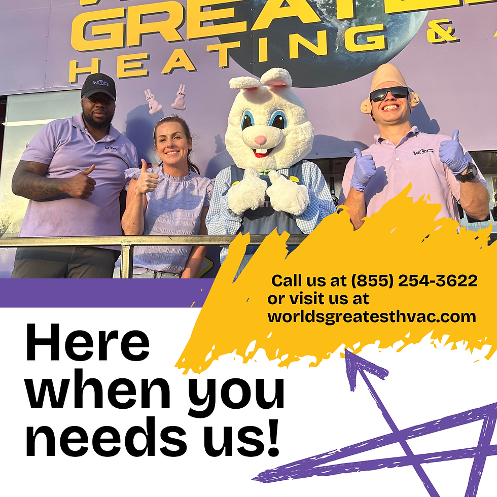World's Greatest Heating & Air team members pose with the Easter Bunny in front of their branded HVAC truck, promoting dependable AC repair and heating and cooling services in Jacksonville and St. Johns County, Florida.