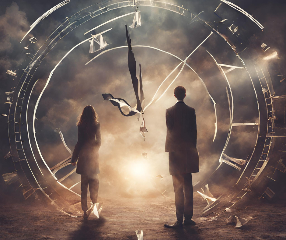 two people standing in front of a clock