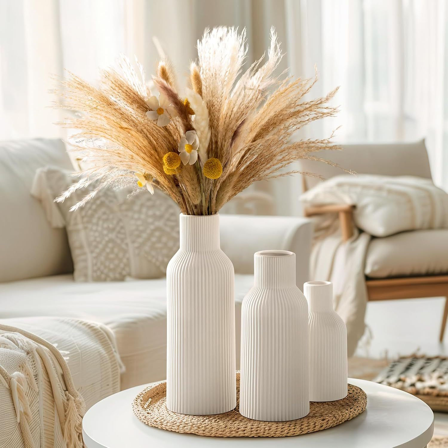 Modern White Ribbed Ceramic Vase Set for Minimalist Decor
