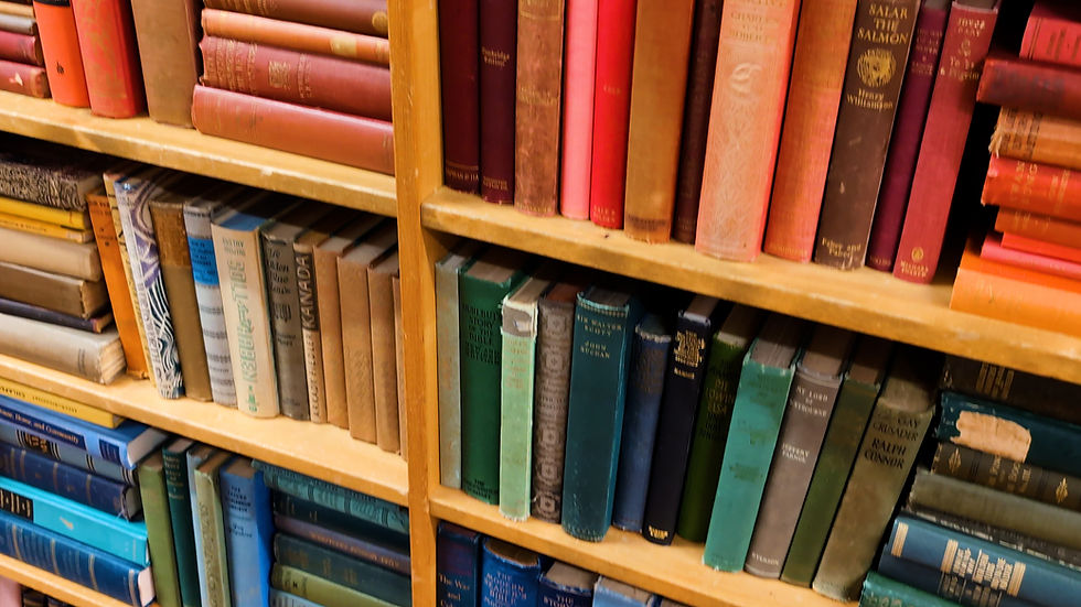 Rows of vintage books on wooden shelves, spines in reds, greens, and blues, creating a warm, scholarly feel.