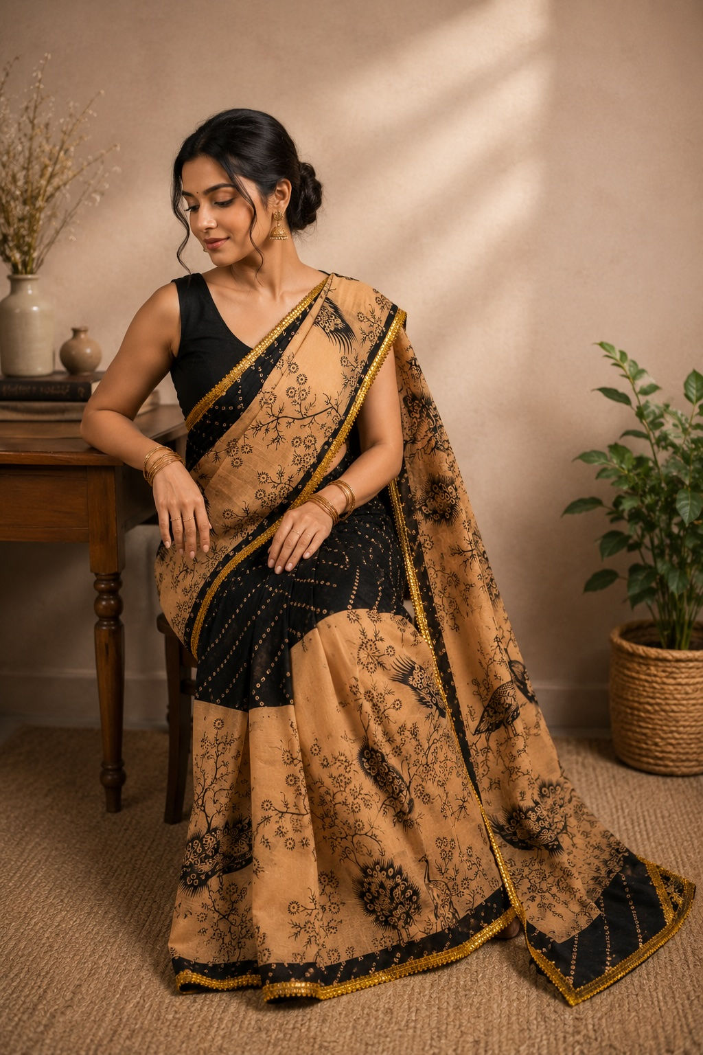 Woman in a black and beige printed cotton malmal saree.