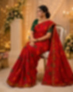 Woman in red Chunari cotton malmal saree with ethnic motif