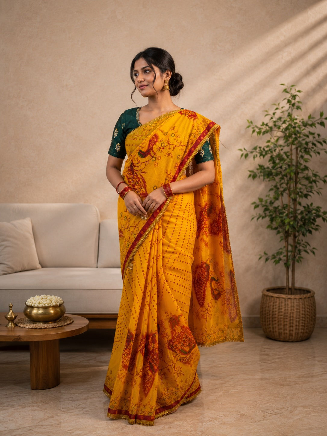 Woman in a yellow Chunari cotton malmal saree with motifs