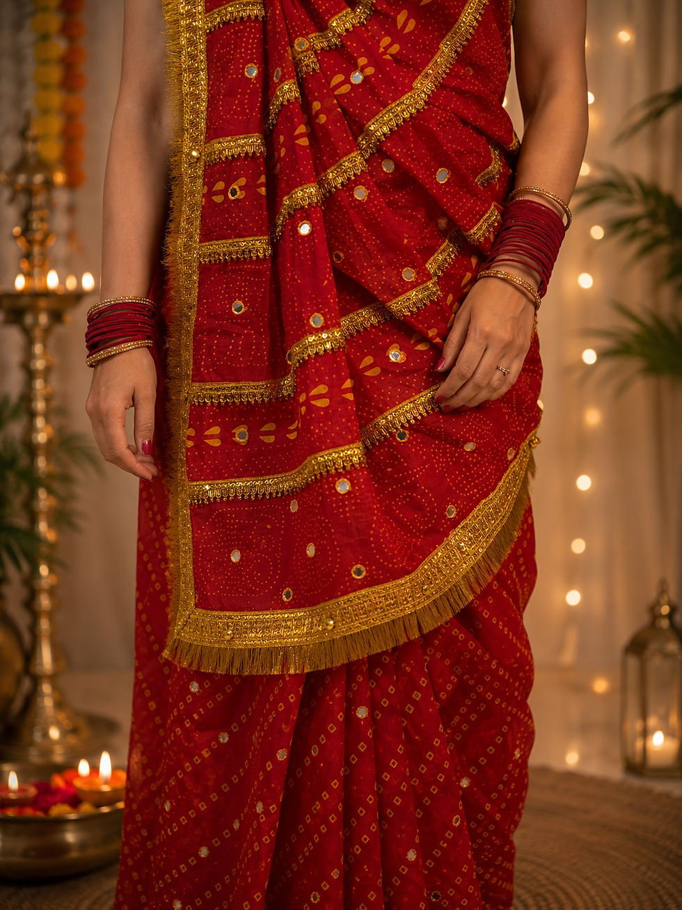 Red Chunari cotton malmal saree with printed ethnic motifs