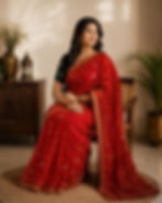 Woman in Red Chunari Cotton Malmal Saree with ethnic motifs