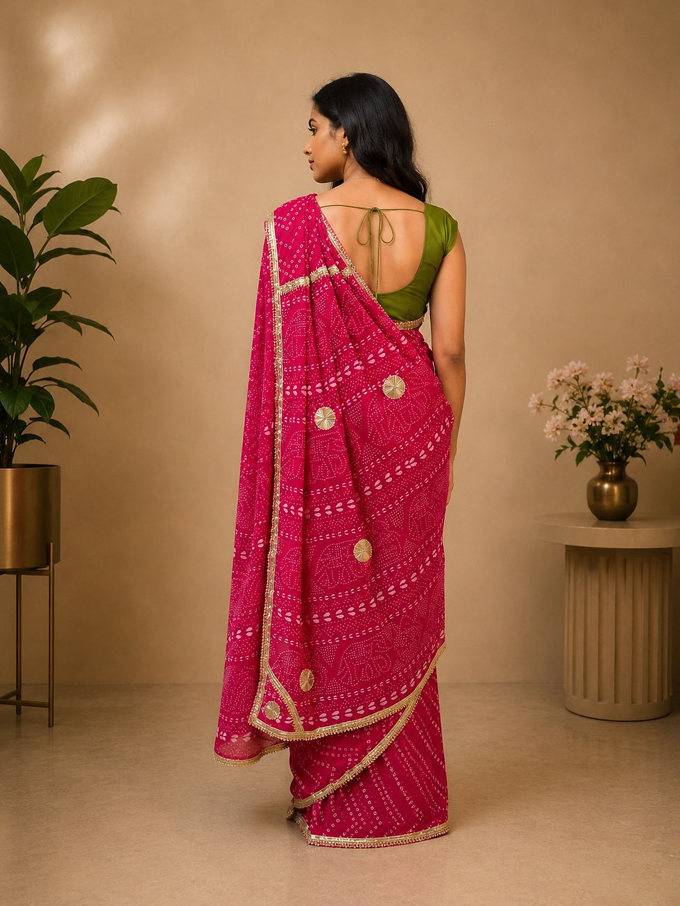 Thumbnail: Back view of red Chunari Cotton Malmal Saree with motifs.