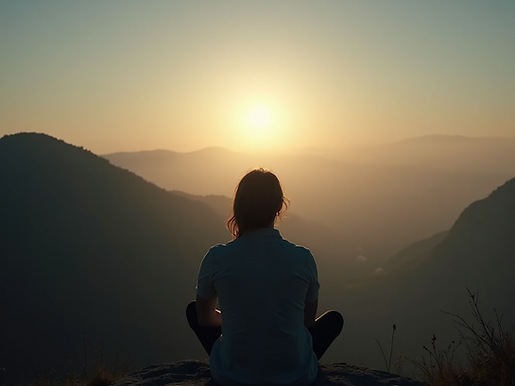 Une personne assise paisiblement, regardant un paysage doux et lumineux, symbolisant le dé