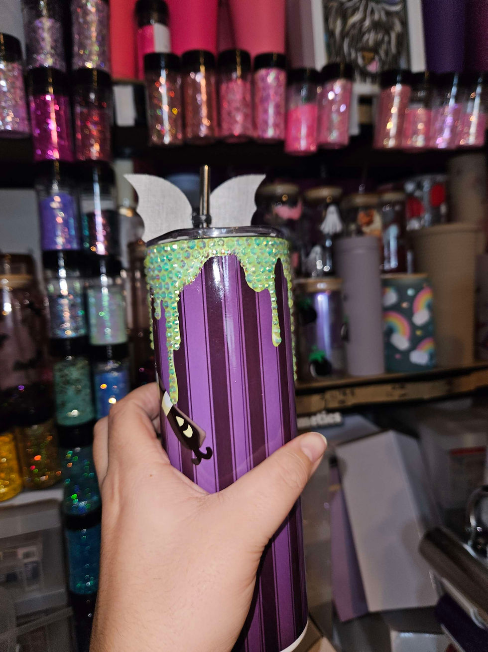 Thumbnail: Rhinestoned Beetlejuice sublimation tumbler & Bow