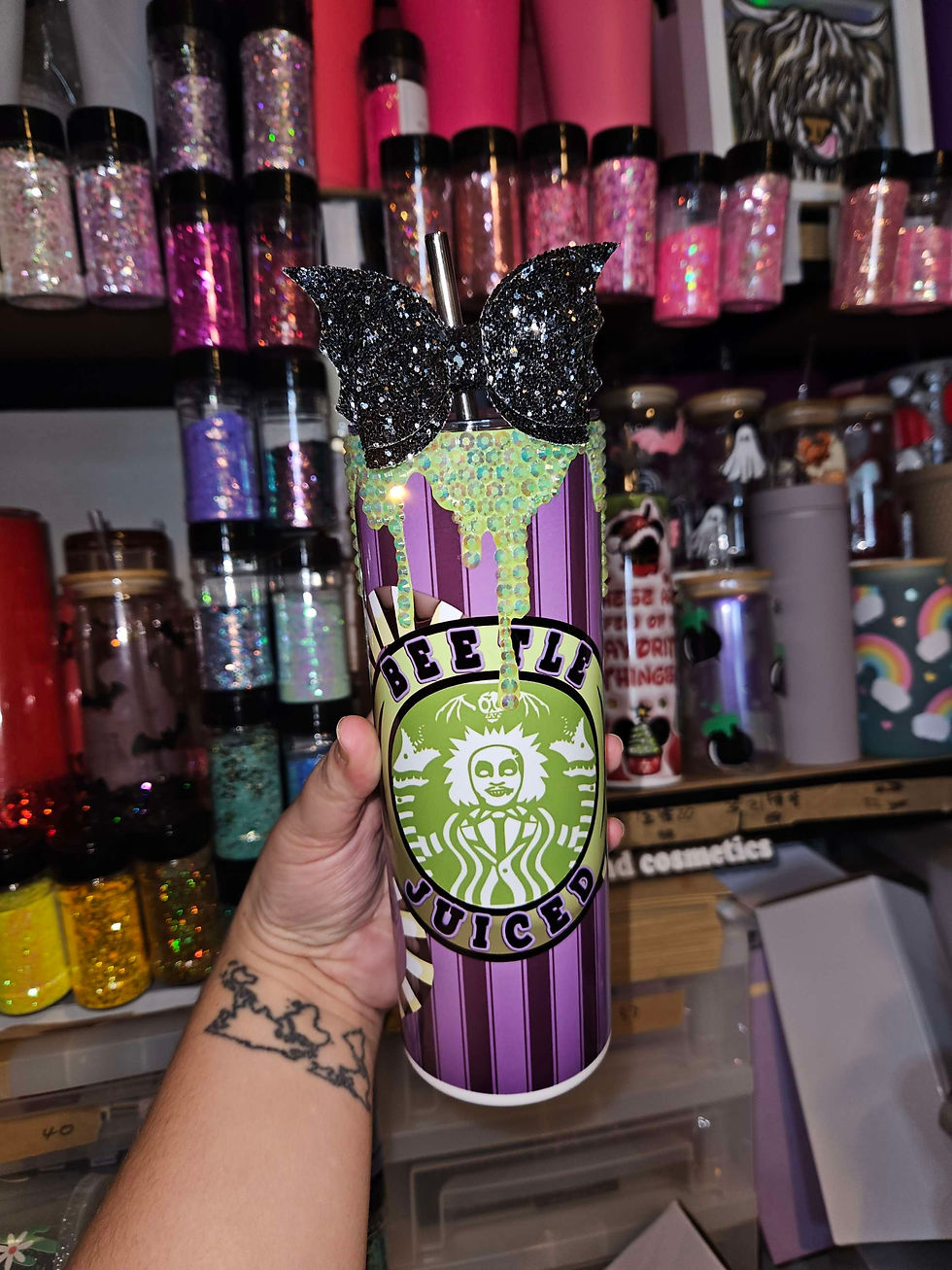 Thumbnail: Rhinestoned Beetlejuice sublimation tumbler & Bow