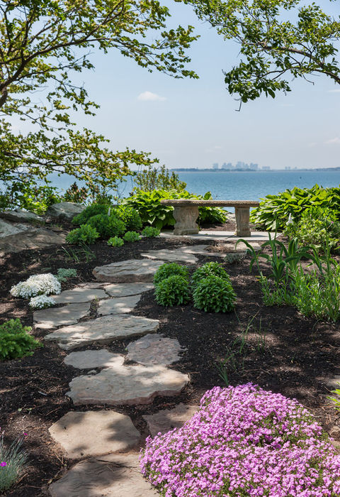 natural stone walkway with landscape planting and waterfront garden design overlooking Boston Massachusetts