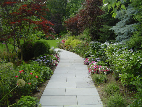 bluestone walkway with landscape planting and garden design in Massachusetts