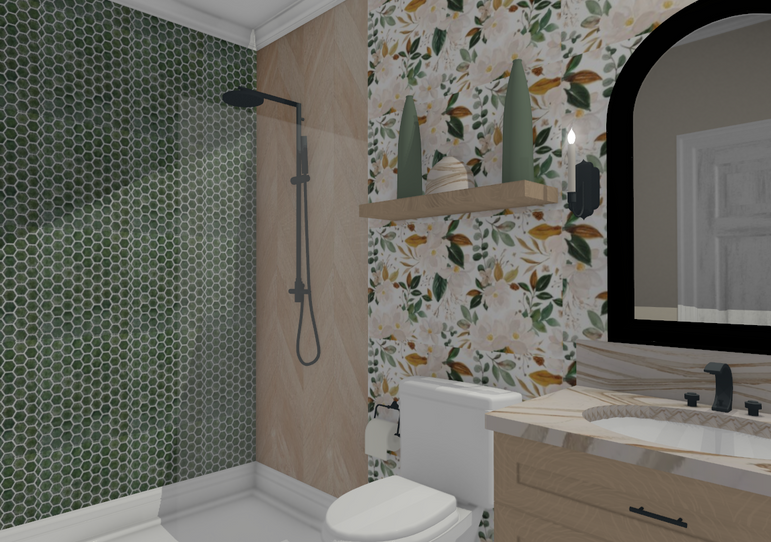 Bathroom with green penny tile, wood vanity, and floral wallpaper