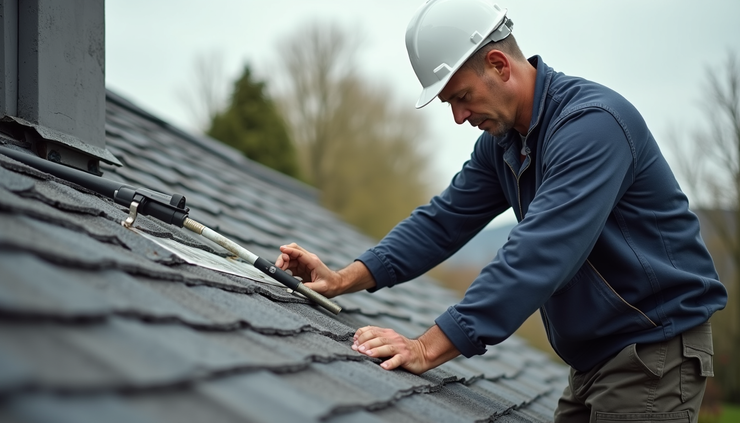 Eye-level view of a roofer inspecting roof flashings and pipes on a residential home