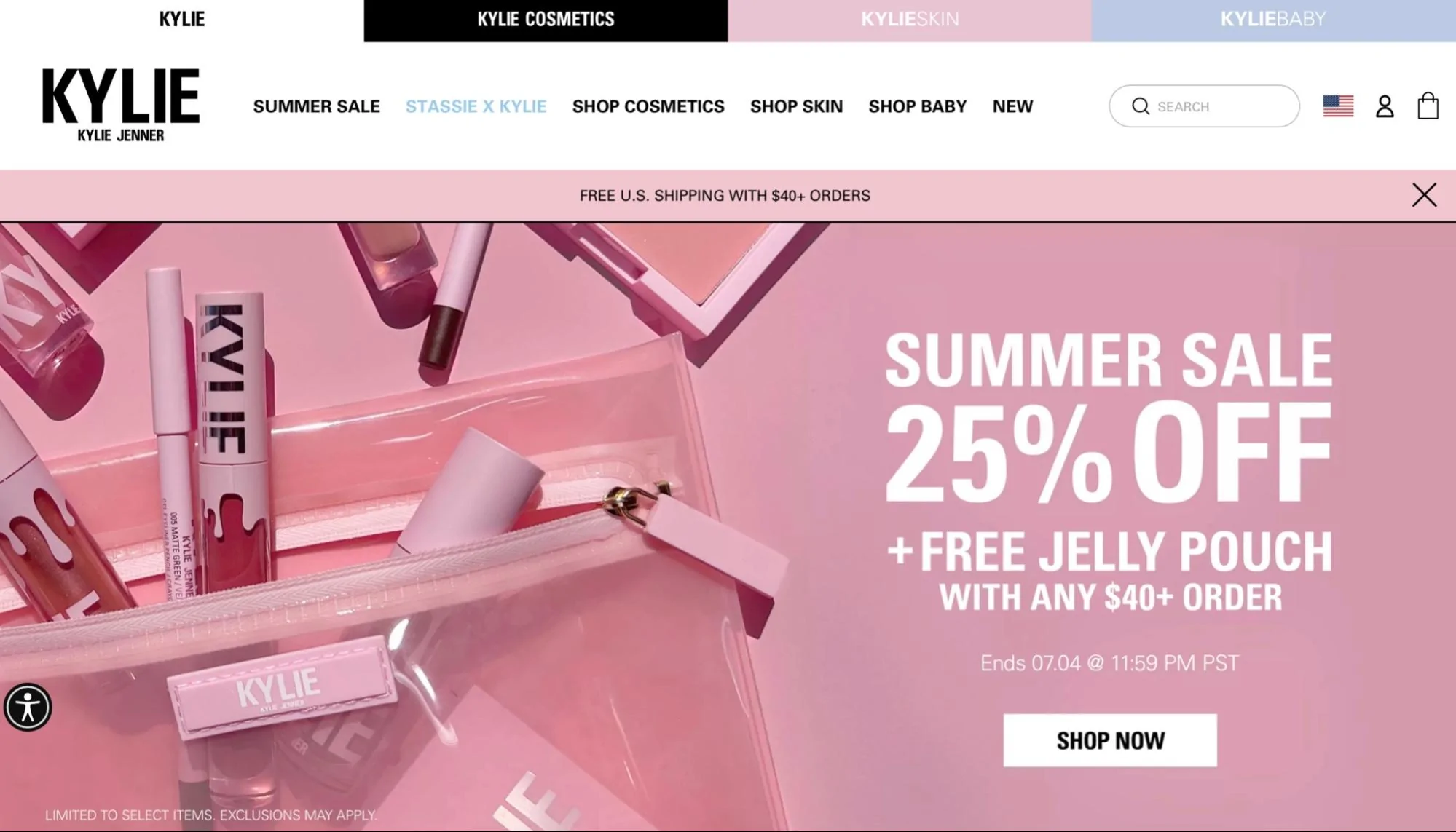 Kylie Jenner Makeup seasonal sale banner on website