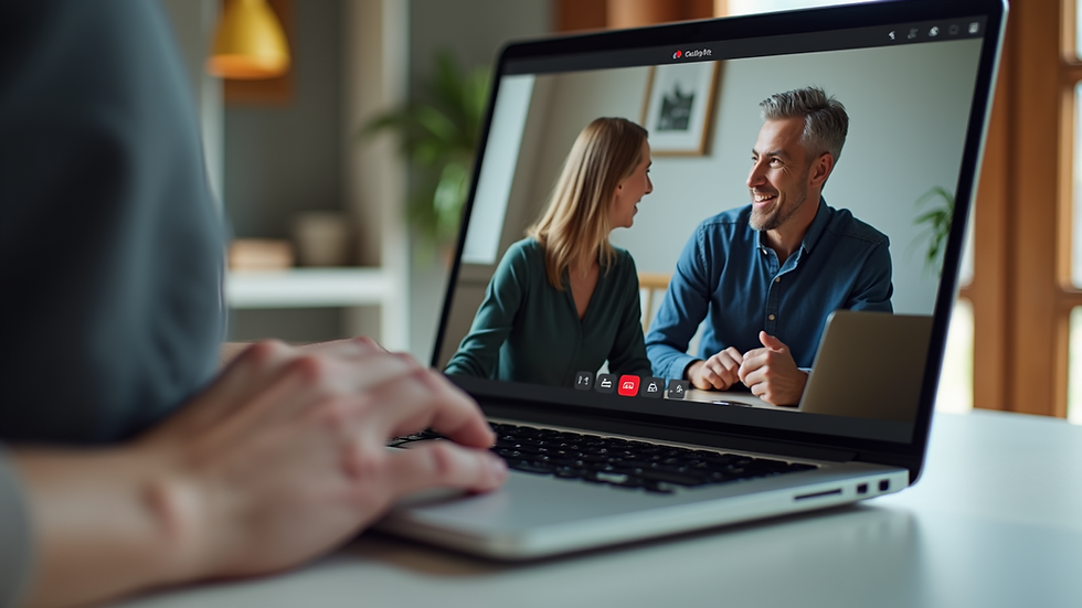 Close-up view of a laptop screen showing a video call interface with two people in conversation