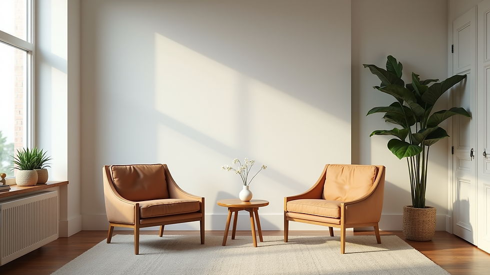 Wide angle view of a calm living room with two chairs and a small table