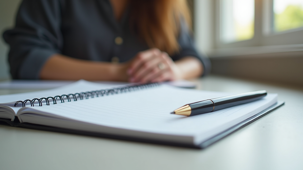 Close-up view of a notebook and pen on a therapist's desk, symbolizing therapeutic notes and reflections