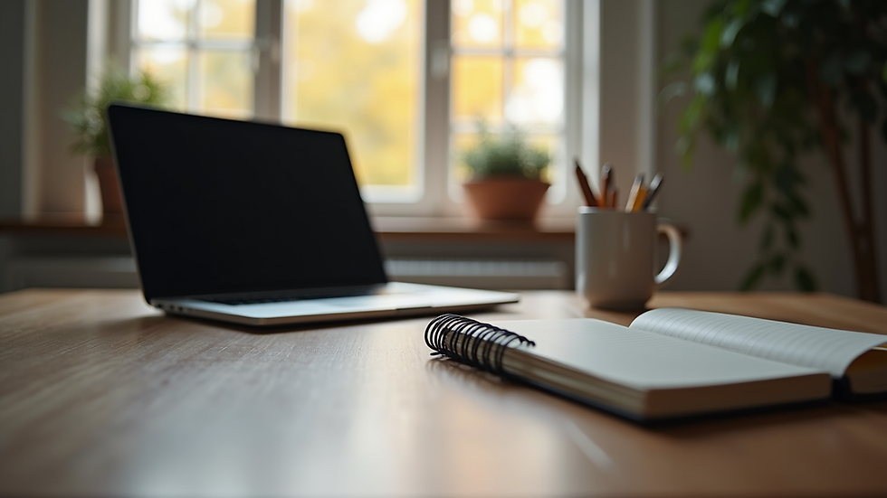 Eye-level view of a cozy home office setup with a laptop and a notebook