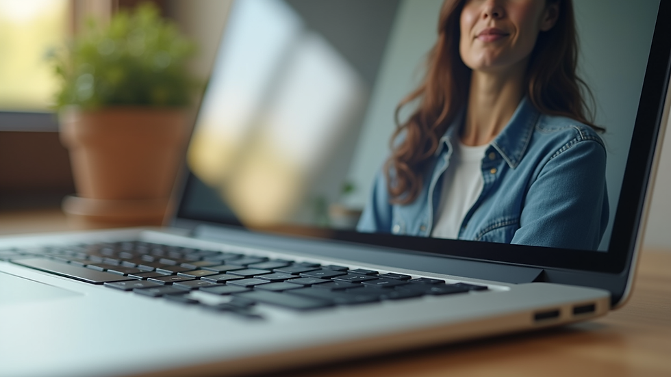 Close-up view of a laptop screen showing a video call interface with a therapist