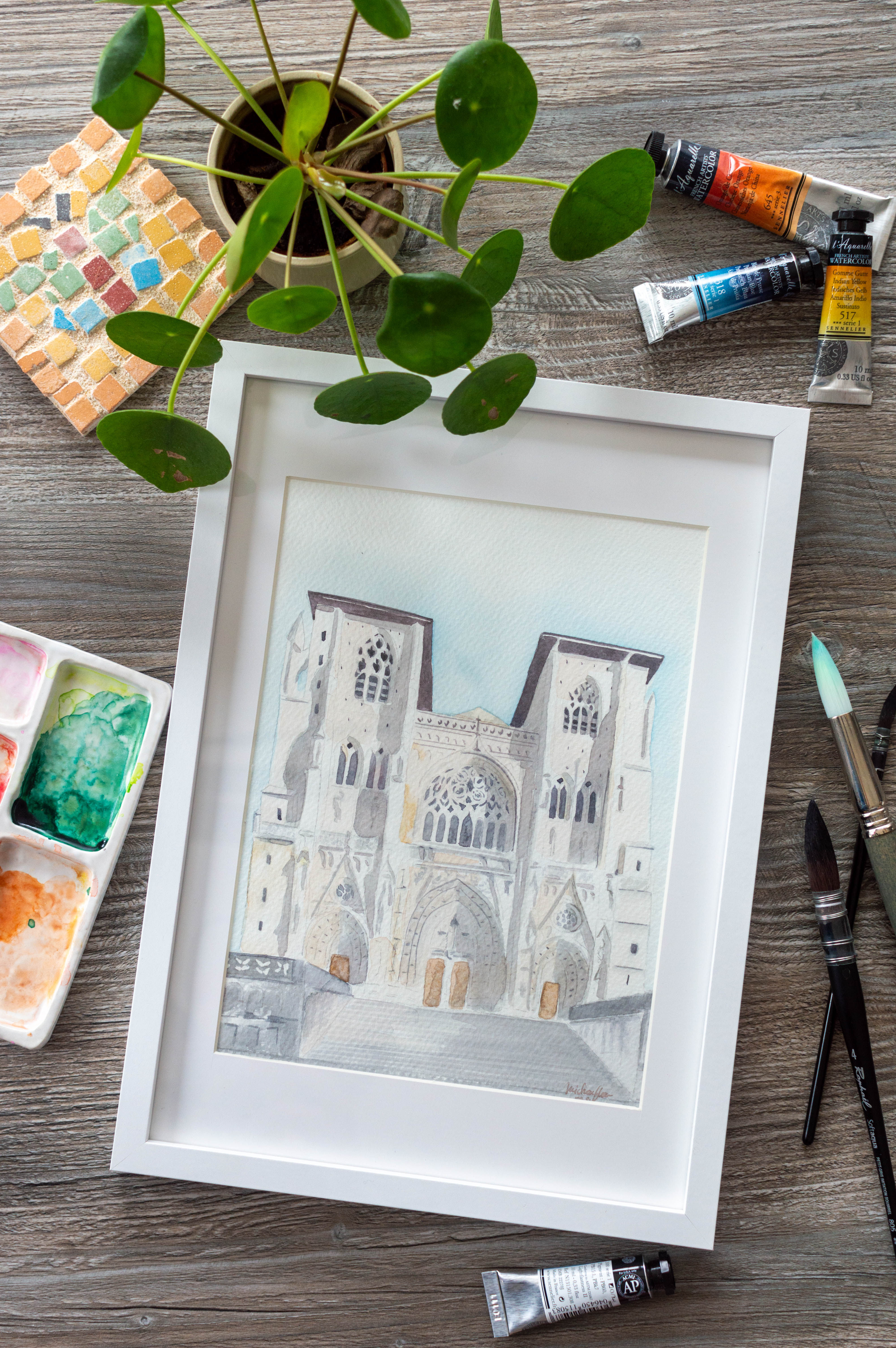 L'image représente le tableau à l'aquarelle d'une vue de la cathédrale St Maurice de Vienne en Isère