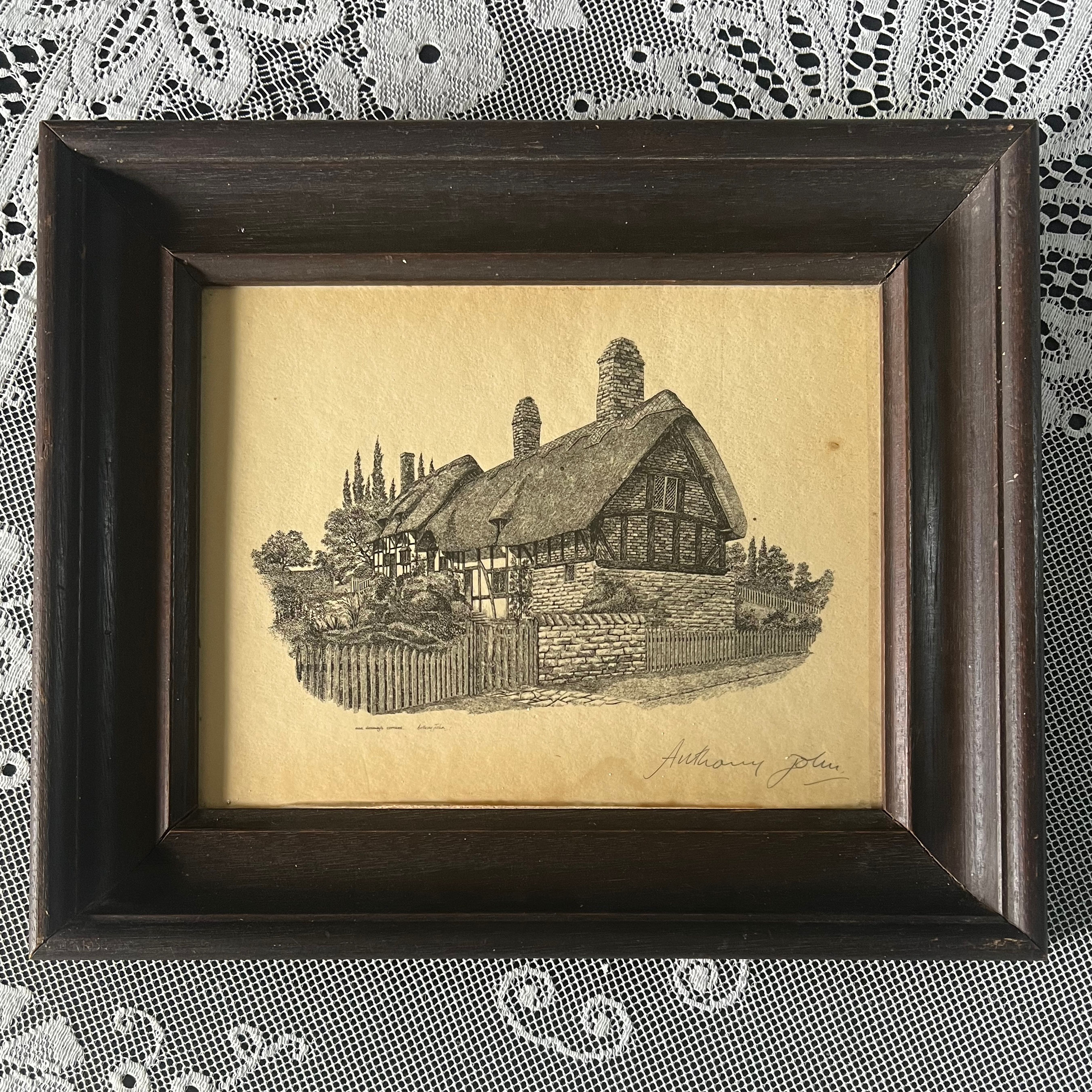 Anne Hathaways Cottage ~ Antique Print Signed by Artist 