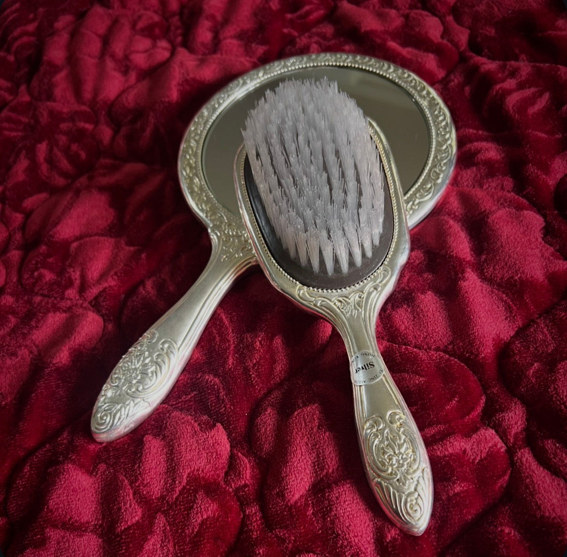 Antique Silver Plated Brush & Mirror Set