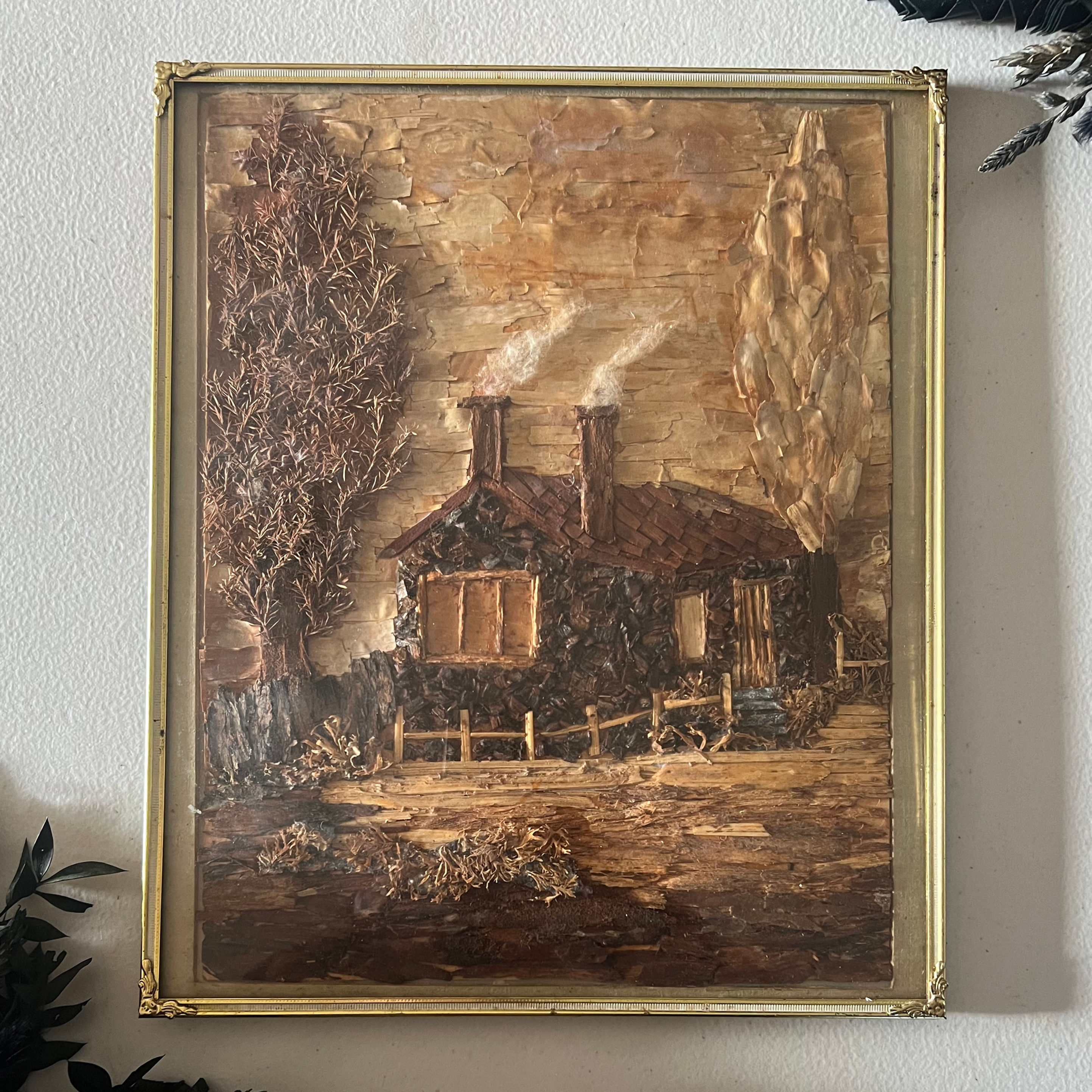Nature Art in a Vintage Convex Glass Frame 