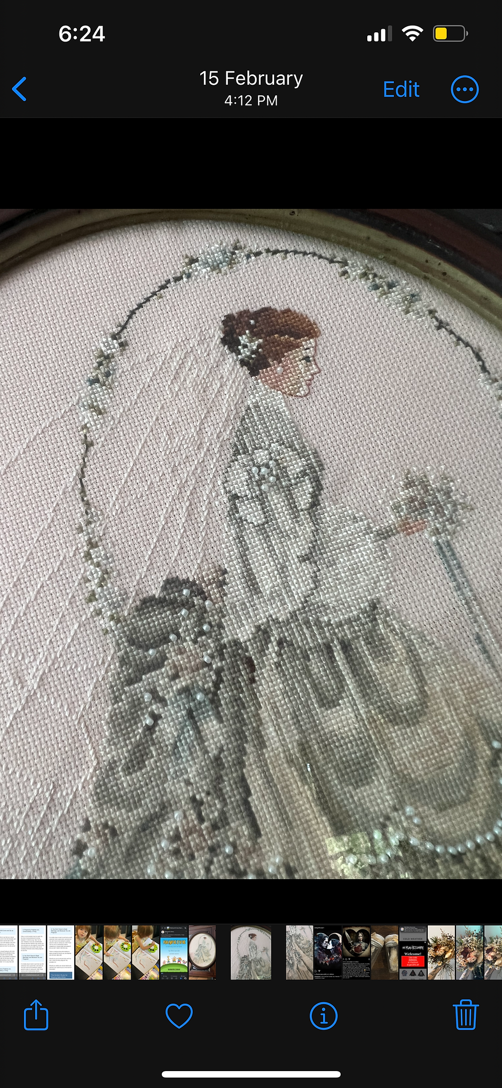 Thumbnail: Cross-stitch Bride in Glass Oval Frame