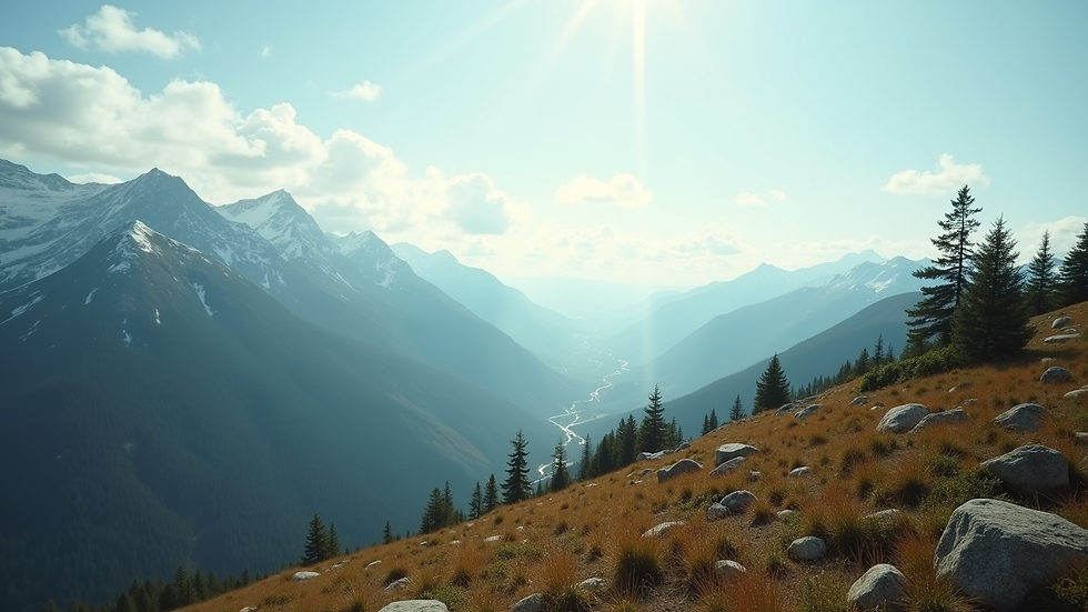 Wide angle view of a serene mountain landscape