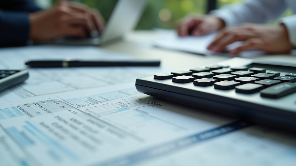 Eye-level view of a calculator and financial documents on a desk