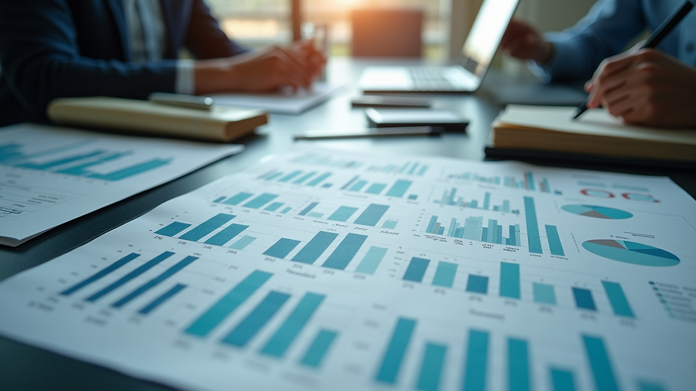 High angle view of a modern office setting with financial charts